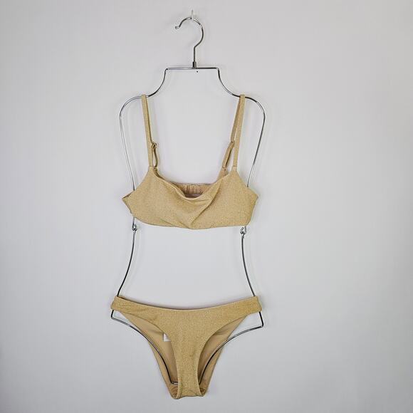 Aerie Cheeky Gold Bikini Set 2 Piece Swimsuit Women Medium Sparkle Shimmer UPF50 - Picture 1 of 12